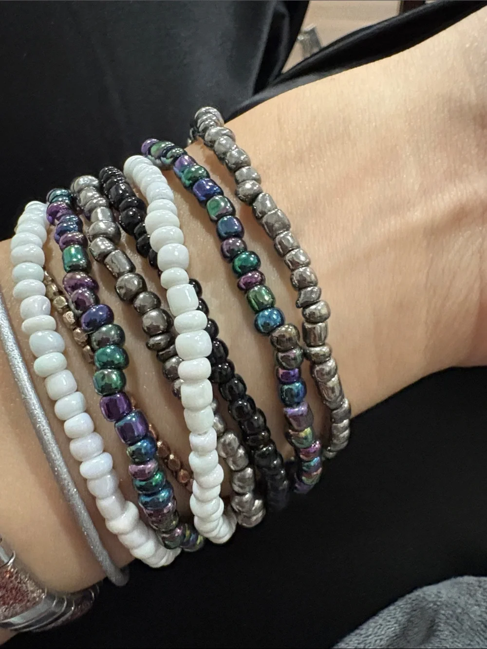 Beaded Multi-Row Bracelet with Carved Floral Accent - White, Black, Iridescent